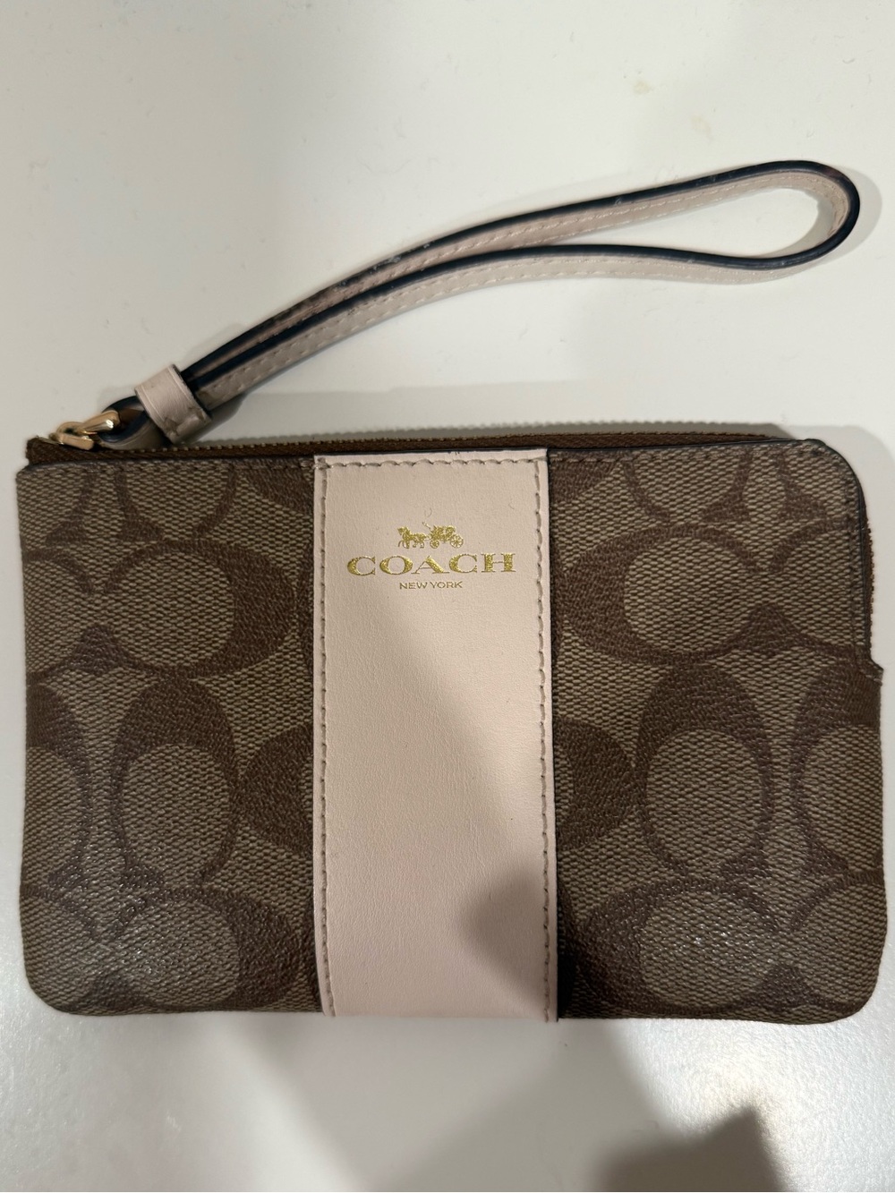 Coach Brown Signature Canvas Wristlet with Cream Center Stripe
